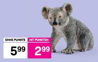 Schleich Koala-Spielzeug bei BIPA: Jetzt mit Punkten nur 2,99 € statt 5,99 €. Flieder Hintergrund, Spielwaren-Angebot.
