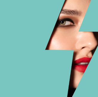 Türkises Design mit ausgeschnittenem Blitz, durch den ein Gesicht mit roten Lippen sichtbar wird – Beauty, Grafik, Pop-Art