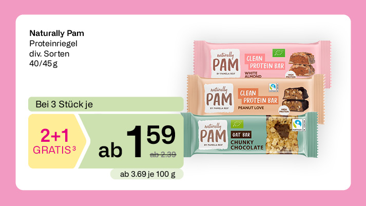 2+1 gratis auf Naturally Pam Proteinriegel