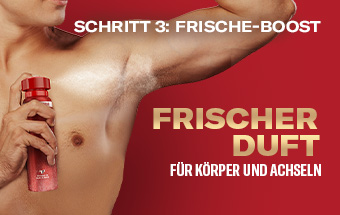 Mann sprüht rotes Deospray unter den Arm – Schritt 3: Frische-Boost für Körper und Achseln.“