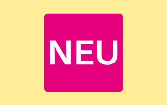 Pinkes Schild mit NEU auf gelbem Hintergrund.
