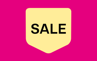 SALE Schild in gelb auf weißem Hintergrund.