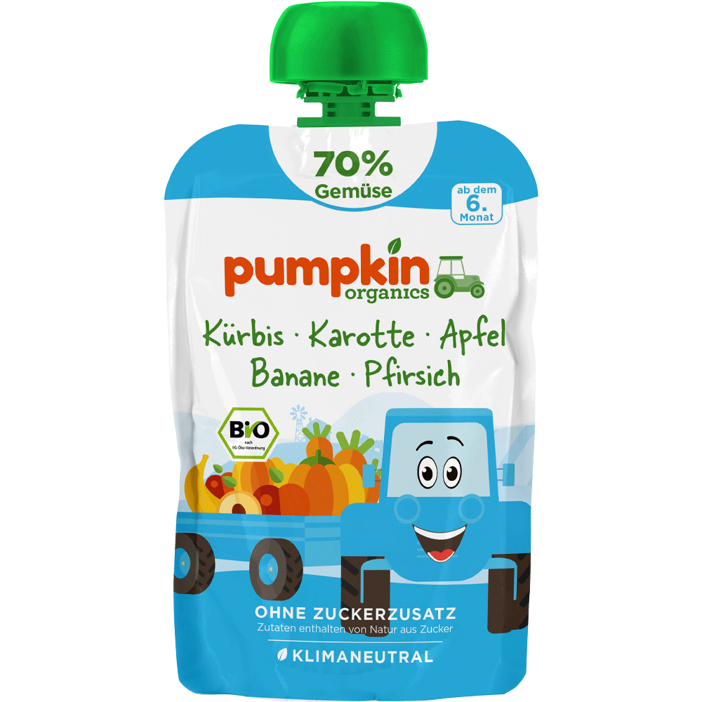 Bild: pumpkin organics Quetschie Kürbis, Karotte, Apfel, Banane & Pfirsich 