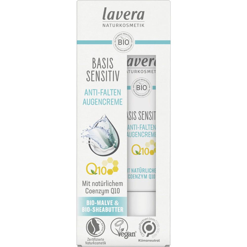 Bild: lavera Basis Sensitiv Anti-Falten Augencreme Coenzym Q10, Bio-Malve & Bio-Sheabutter
