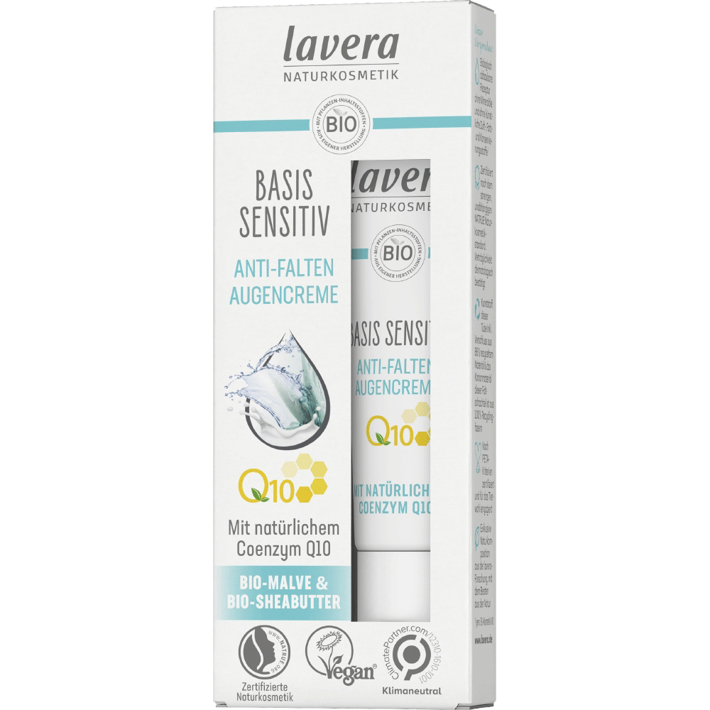 Bild: lavera Basis Sensitiv Anti-Falten Augencreme Coenzym Q10, Bio-Malve & Bio-Sheabutter