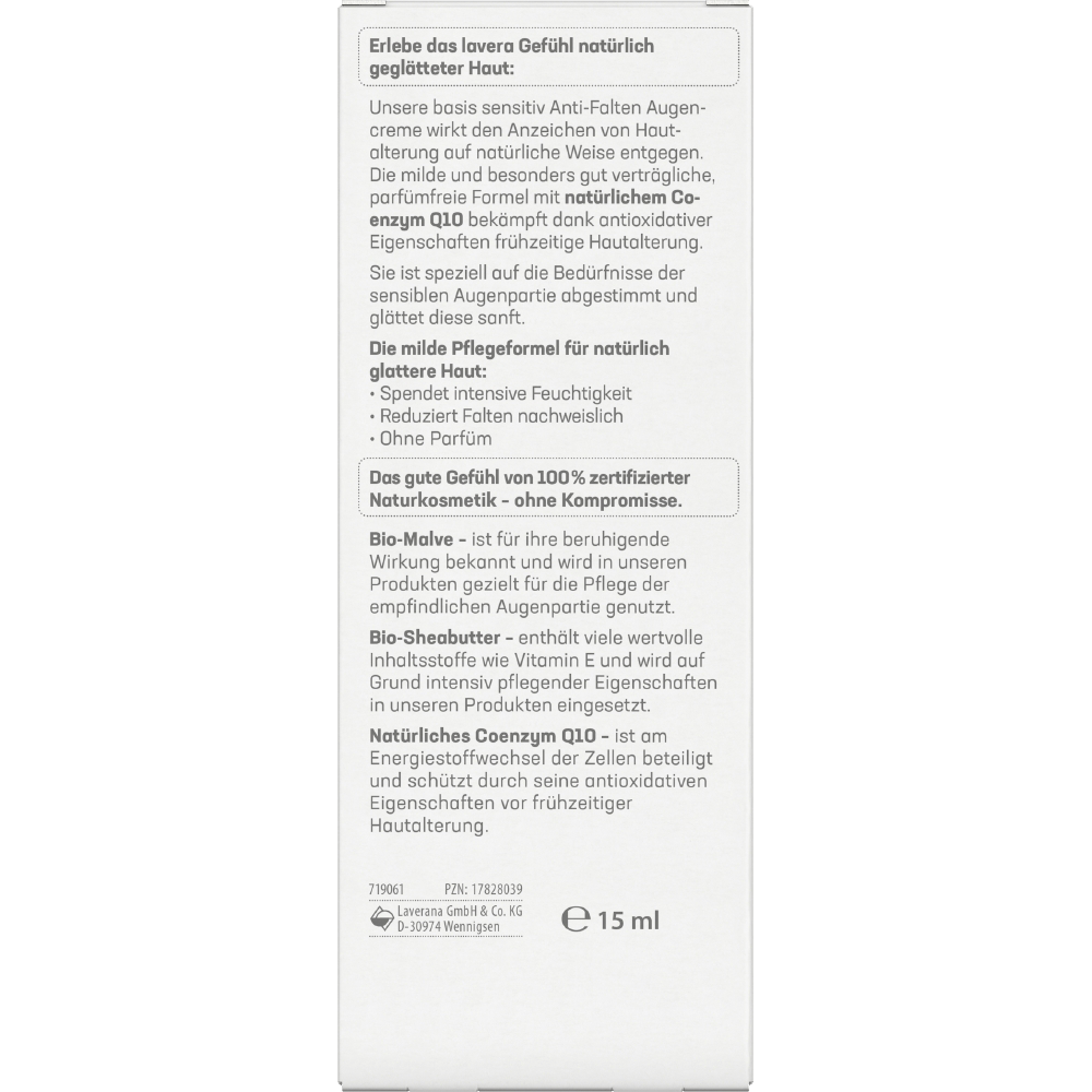 Bild: lavera Basis Sensitiv Anti-Falten Augencreme Coenzym Q10, Bio-Malve & Bio-Sheabutter