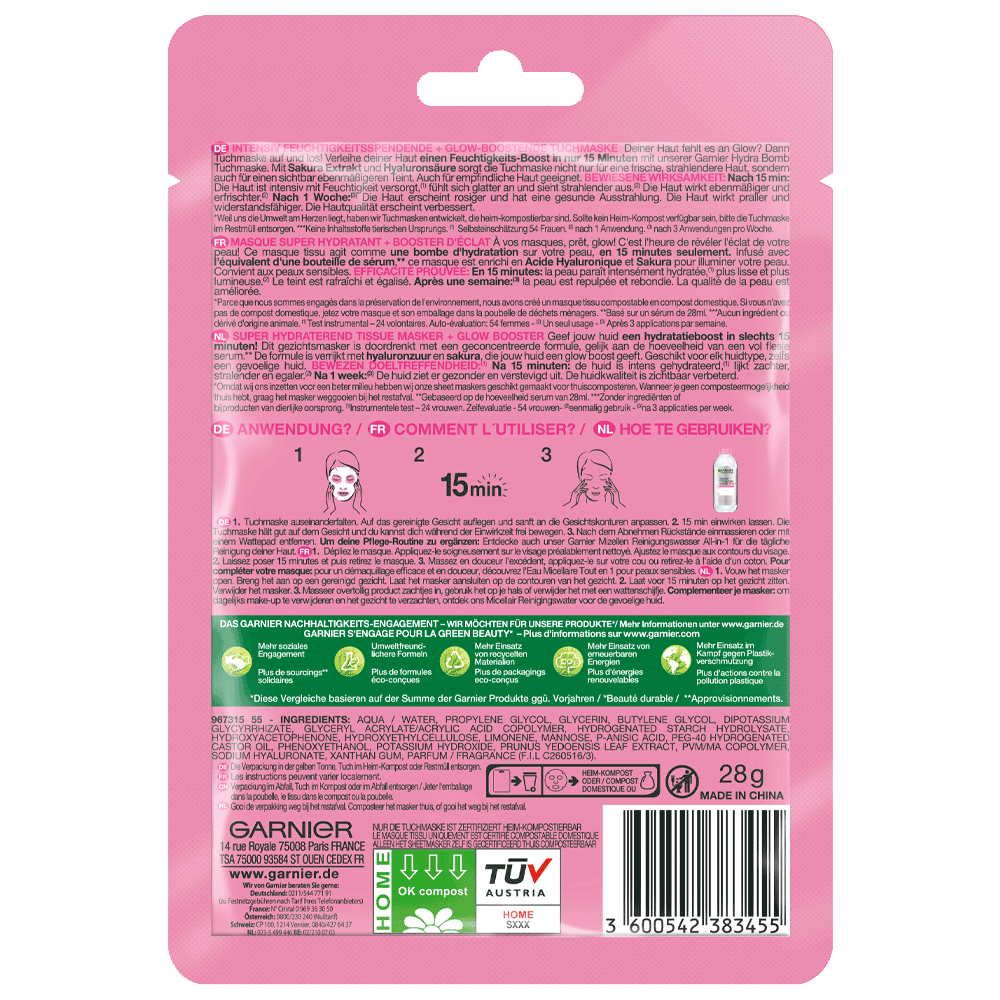 Bild: GARNIER Hydra Bomb Glow Boost Tuchmaske Sakura-Extrakt