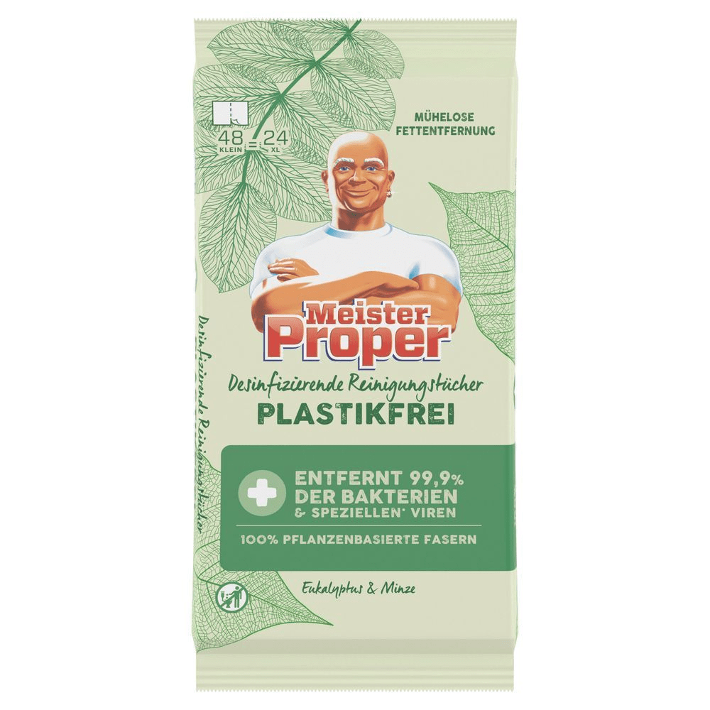 Bild: Meister Proper Desinfizierende, plastikfreie Reinigungstücher, Eukalyptus & Minze