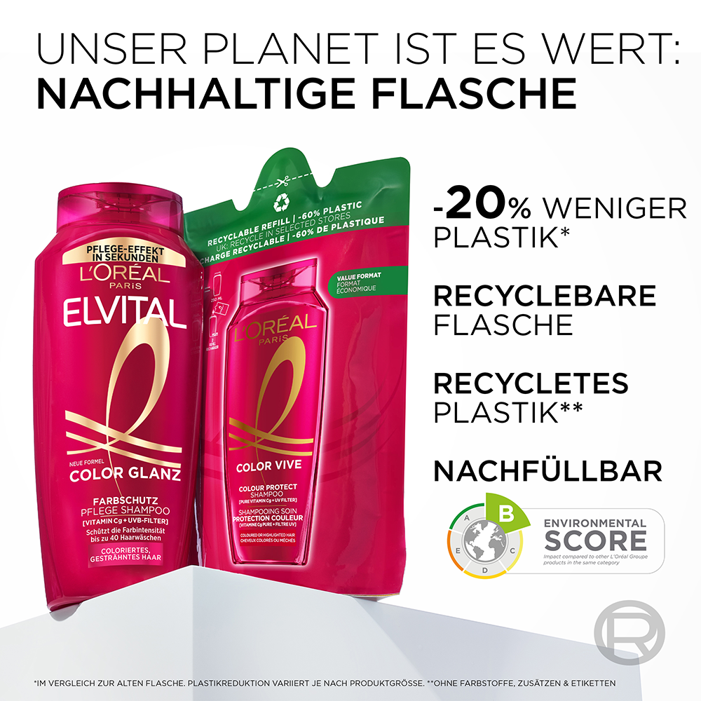 Bild: L'ORÉAL PARIS ELVITAL Color Glanz 2in1 Farbschutz Pflege Shampoo & Spülung