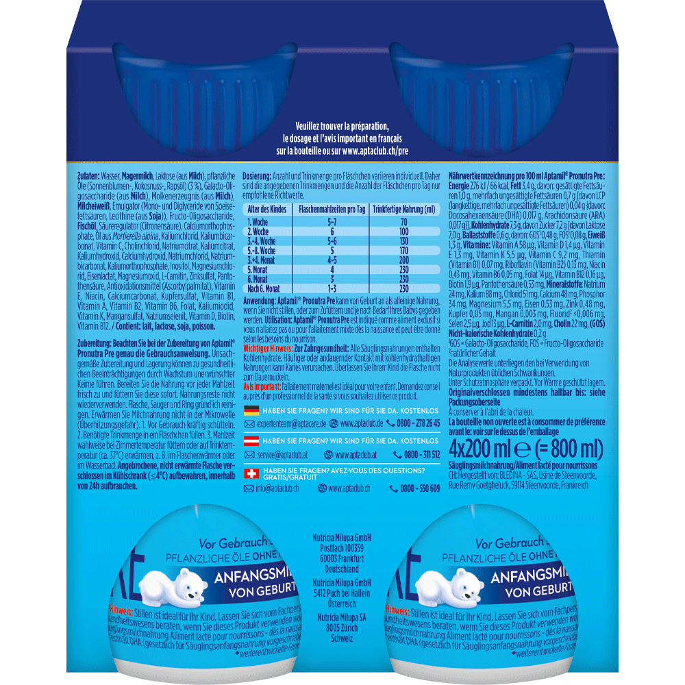 Bild: Aptamil Pre Pronutra, trinkfertig, Anfangsmilch, 4er-Pack