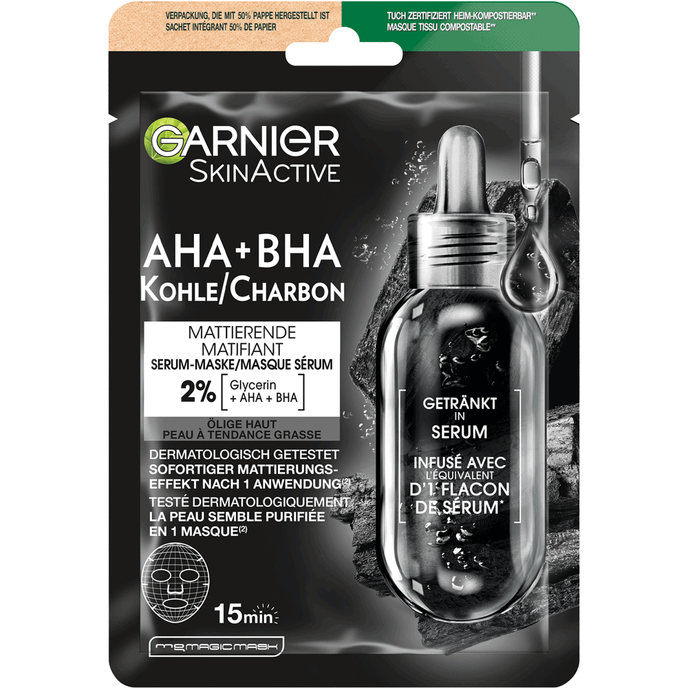 Bild: GARNIER SKIN ACTIVE AHA + BHA Kohle Serum-Tuchmaske