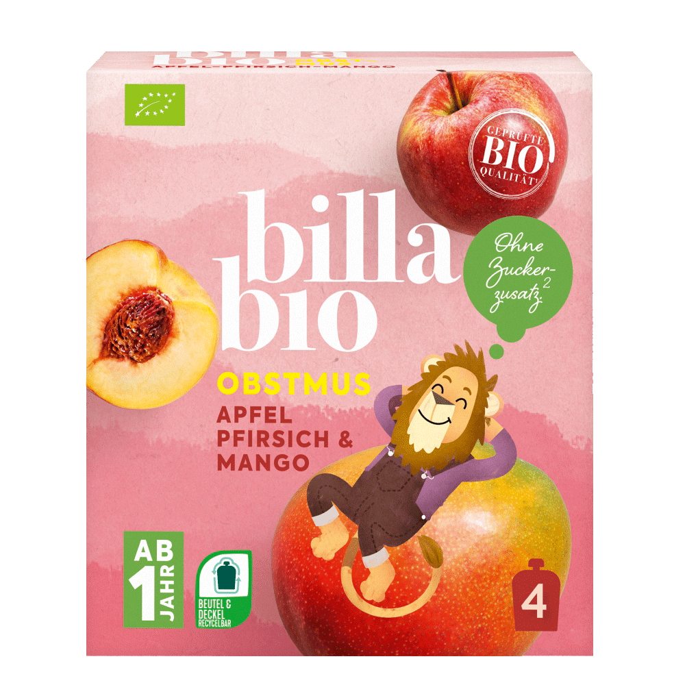 Bild: Billa Bio Quetschie Apfel Pfirisch Mango 4er Pack