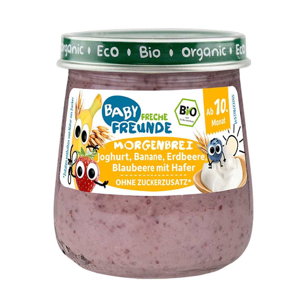 Bild: Freche Freunde Gläschen Morgenbrei Joghurt, Banane, Erdbeere, Blaubeere mit Hafer