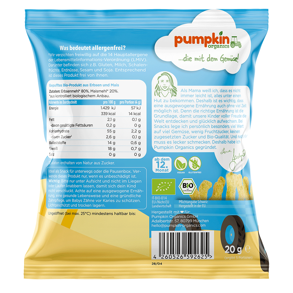 Bild: pumpkin organics Bio Erbsen Puffs