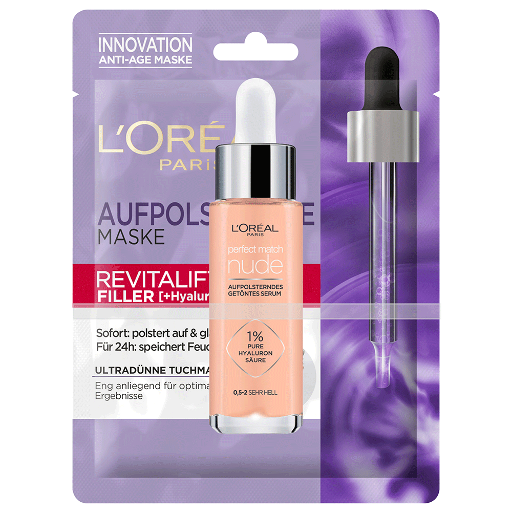 Bild: L'ORÉAL PARIS Set Revitalift Filler Tuchmaske + Perfect Match Nude getöntes Serum sehr hell