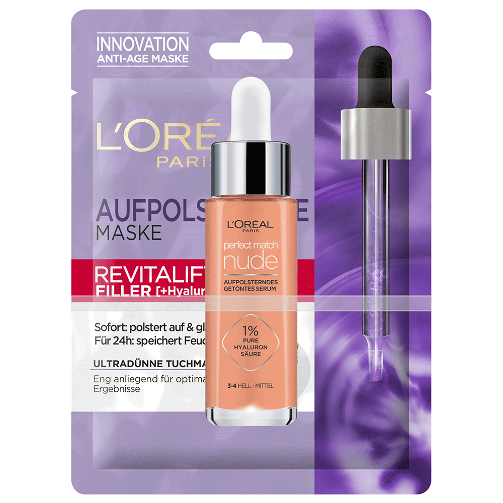 Bild: L'ORÉAL PARIS Set Revitalift Filler Tuchmaske + Perfect Match Nude getöntes Serum hell - mittel