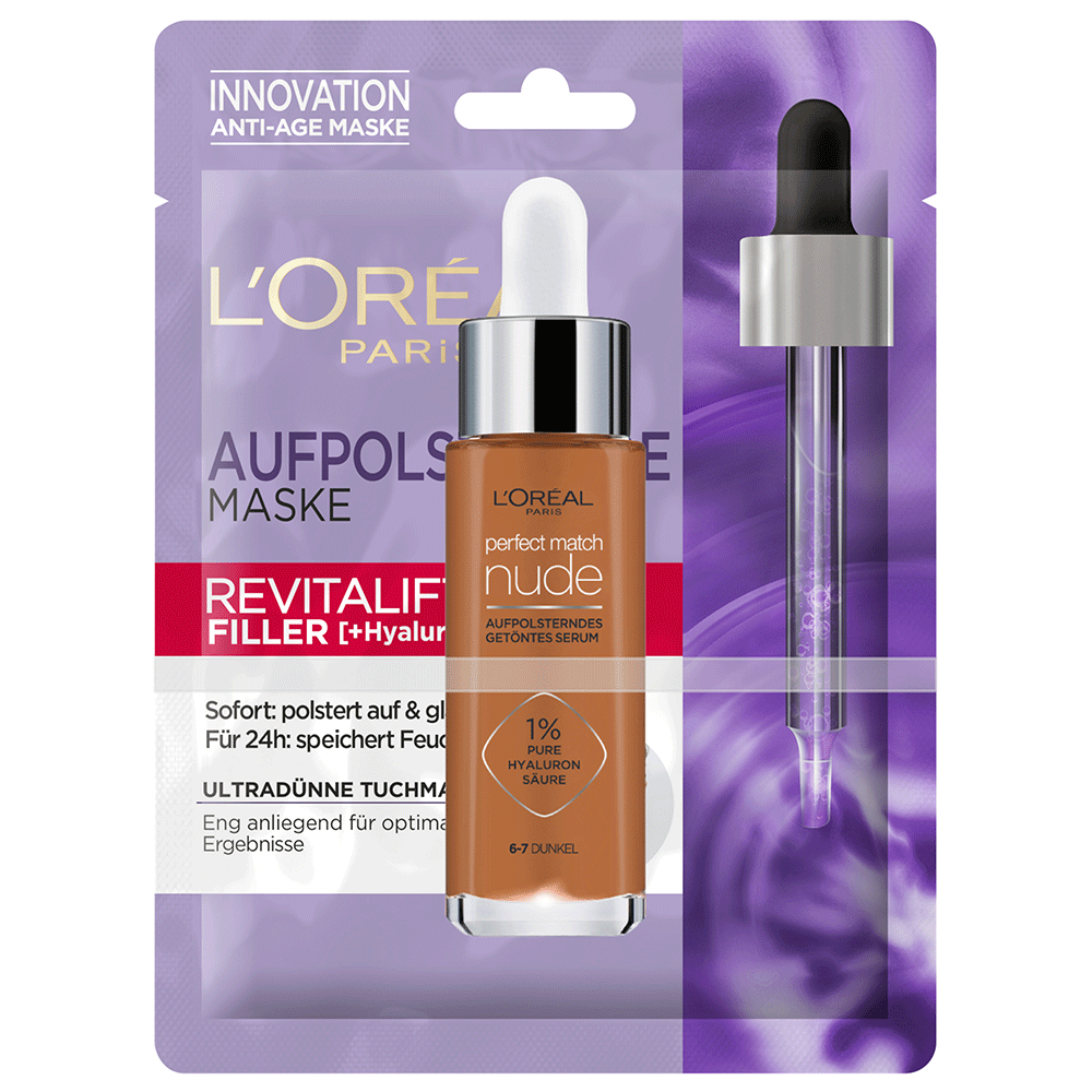 Bild: L'ORÉAL PARIS Set Revitalift Filler Tuchmaske + Perfect Match Nude getöntes Serum dunkel