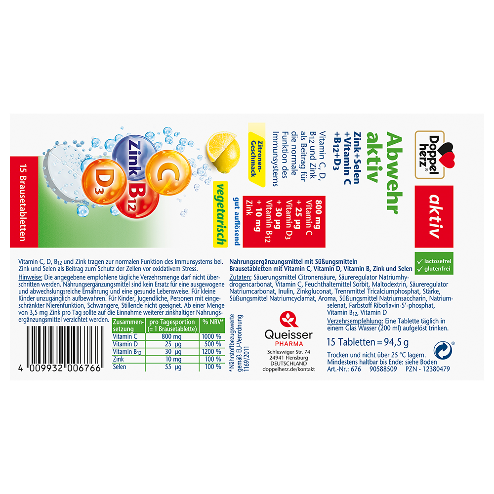 Bild: DOPPELHERZ Abwehr aktiv Zink + Selen + Vitamic C + B12 + D3 Brausetabletten
