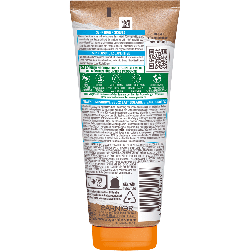 Bild: GARNIER AMBRE SOLAIRE Sensitive expert+ Sonnenschutz-Milch LSF 50+