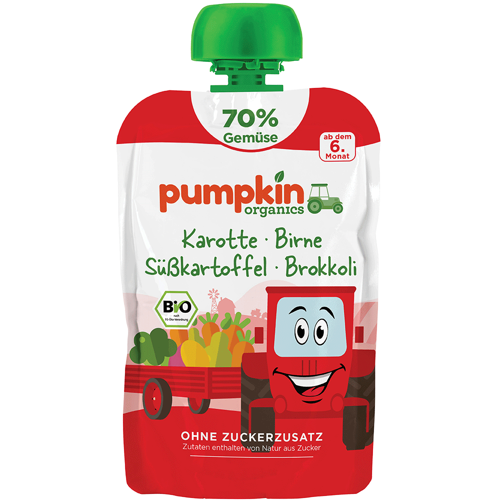 Bild: pumpkin organics Quetschie Karotte, Birne, Süßkartoffel und Brokkoli