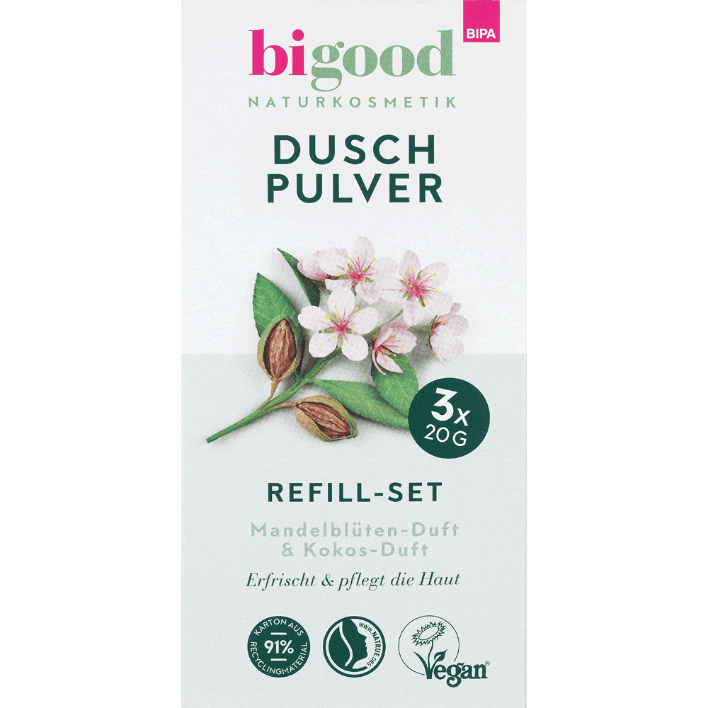 Bild: bi good Duschpulver Refill-Set Mandelblüten & Kokos-Duft