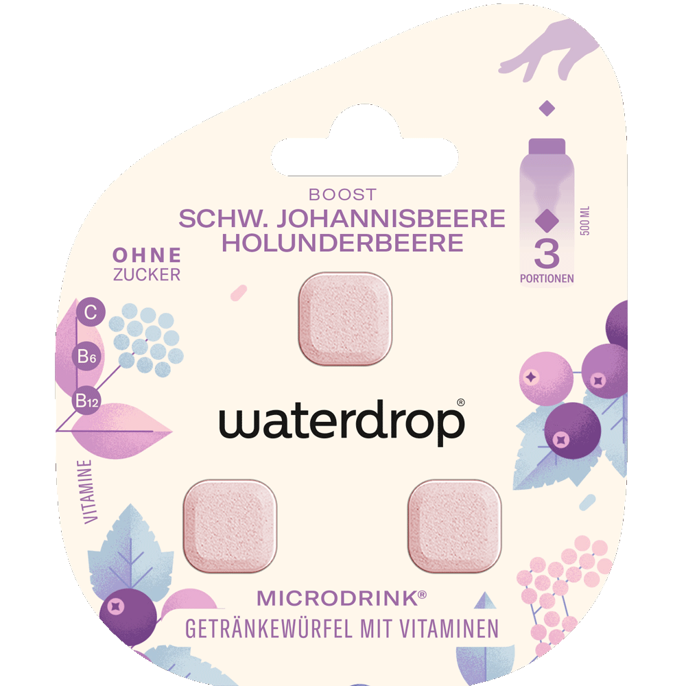 Bild: waterdrop Microdrink Getränkewürfel mit Vitaminen Schwarze Johannisbeere und Holunderbeere