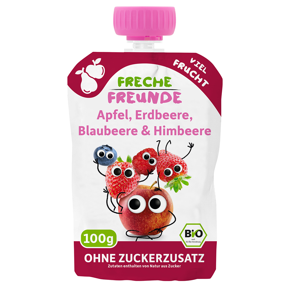 Bild: Freche Freunde Quetschie Apfel, Erdbeere, Blaubeere und Himbeere