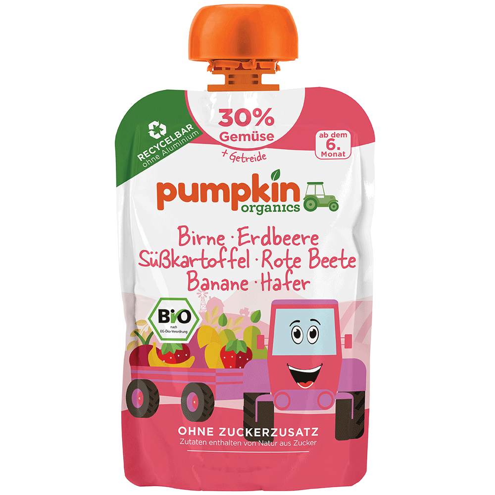 Bild: pumpkin organics Quetschie Birne, Erdbeere, Süßkartoffel, Rote Beete, Banane und Hafer