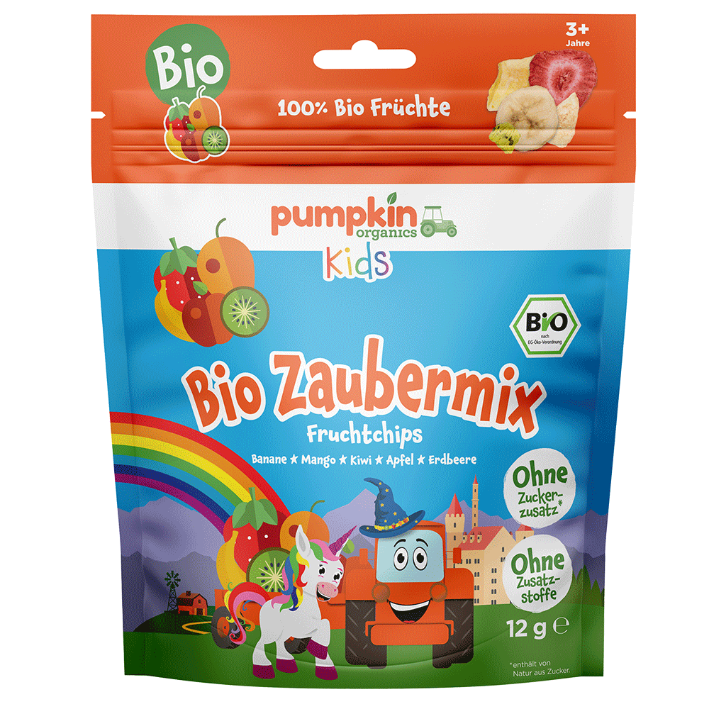 Bild: pumpkin organics Bio Zaubermix Fruchtchips Banane, Mango, Kiwi, Apfel unc Erdbeere
