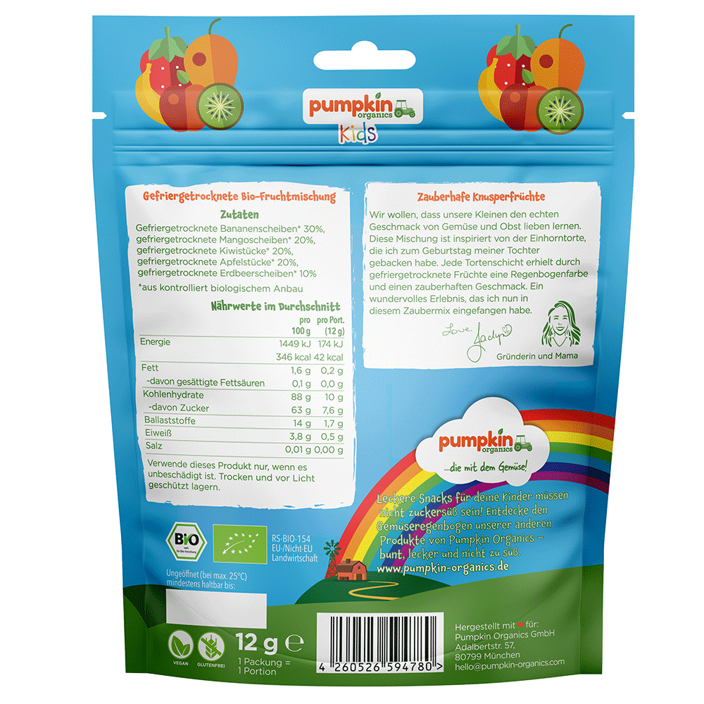 Bild: pumpkin organics Bio Zaubermix Fruchtchips Banane, Mango, Kiwi, Apfel unc Erdbeere