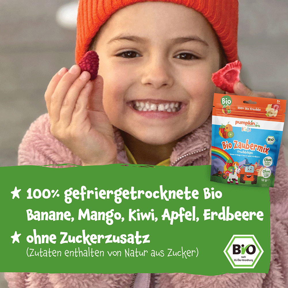Bild: pumpkin organics Bio Zaubermix Fruchtchips Banane, Mango, Kiwi, Apfel unc Erdbeere