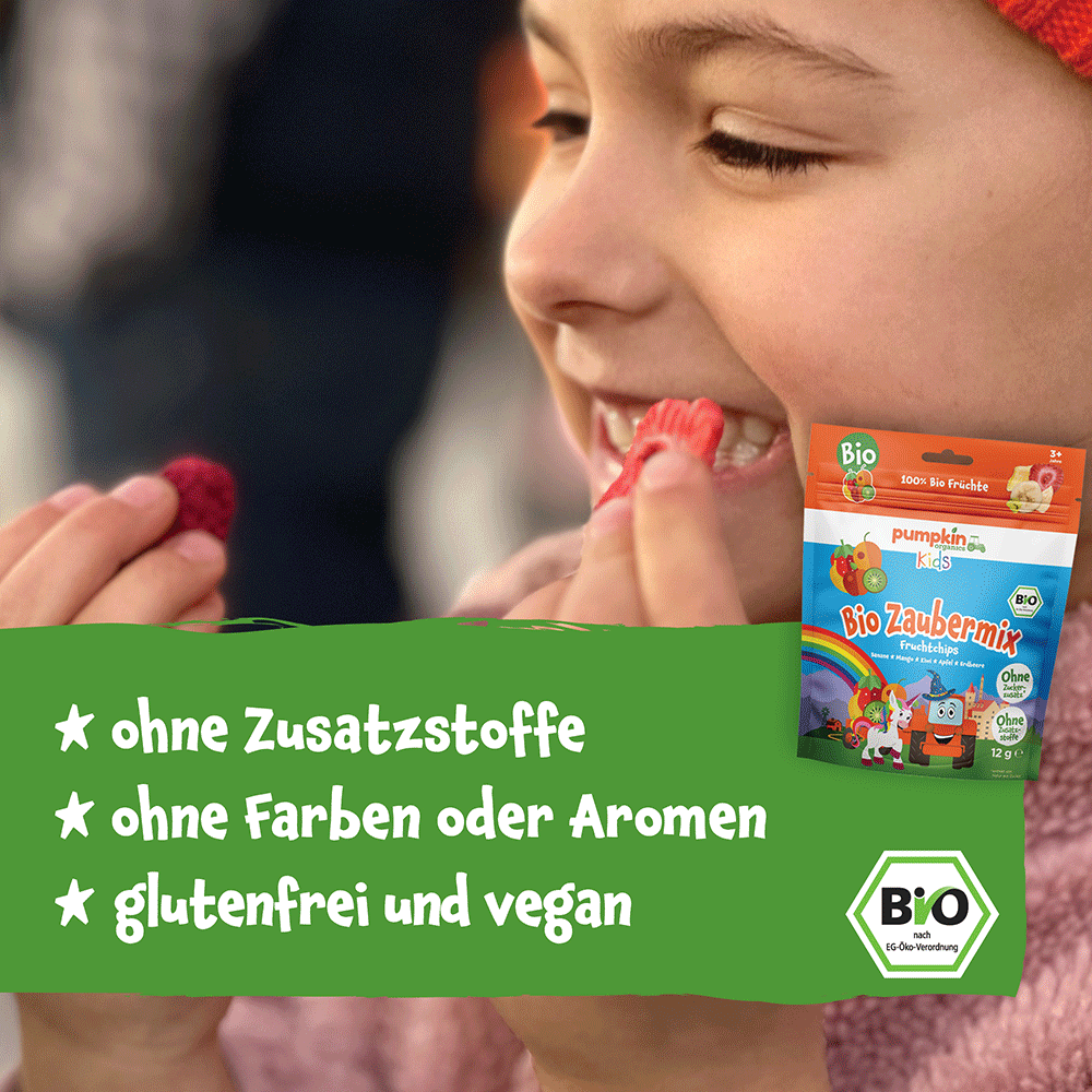 Bild: pumpkin organics Bio Zaubermix Fruchtchips Banane, Mango, Kiwi, Apfel unc Erdbeere