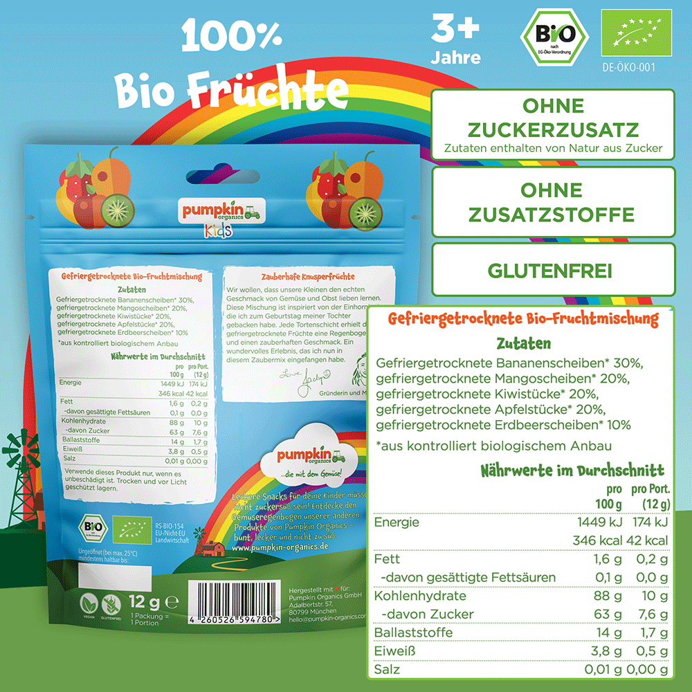 Bild: pumpkin organics Bio Zaubermix Fruchtchips Banane, Mango, Kiwi, Apfel unc Erdbeere