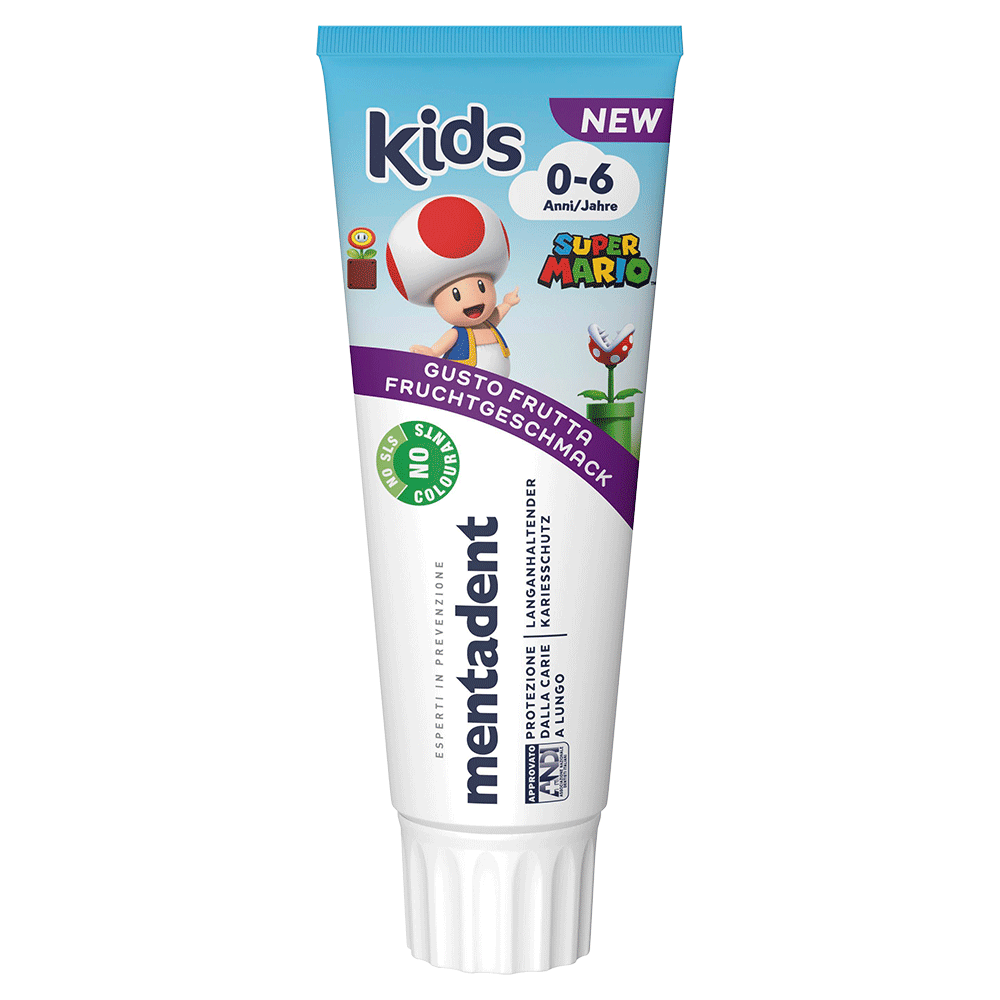 Bild: mentadent Kinderzahncreme 0-6 Jahre Super Mario
