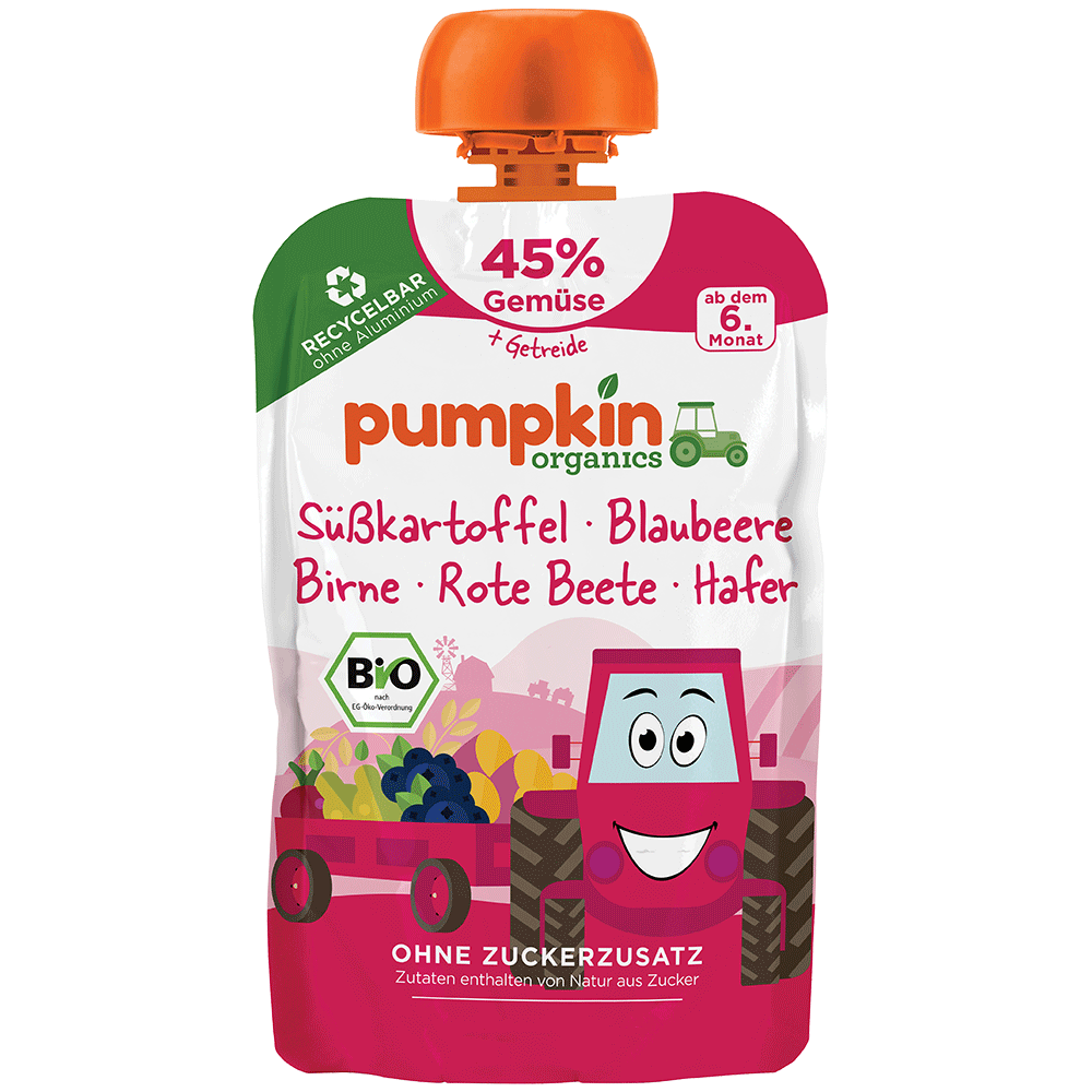 Bild: pumpkin organics Quetschie Süßkartoffel, Blaubeere, Birne, Rote Beete und Hafer
