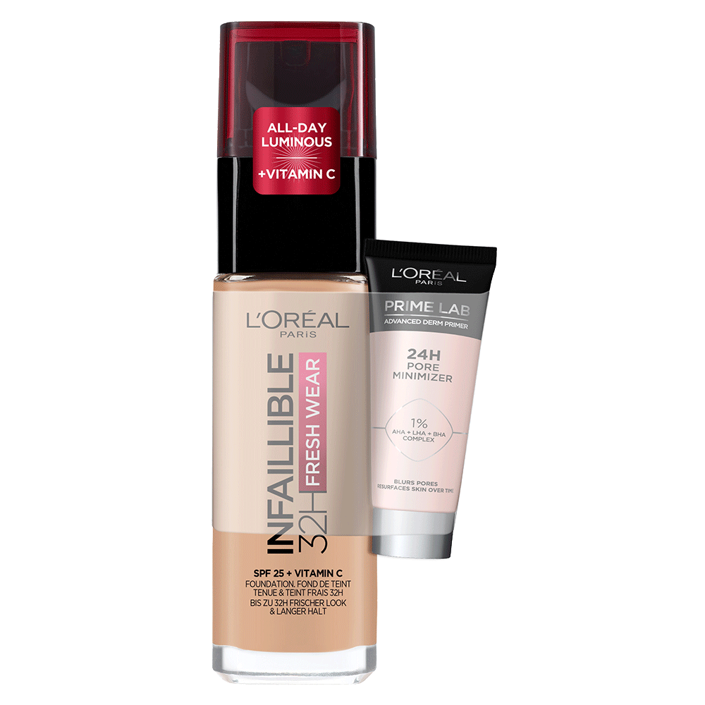 Bild: L'ORÉAL PARIS Teint-Set Infaillible 24H Fresh Wear Make-Up & Mini Prime Lab 24H Pore Minimizer Primer rose beige