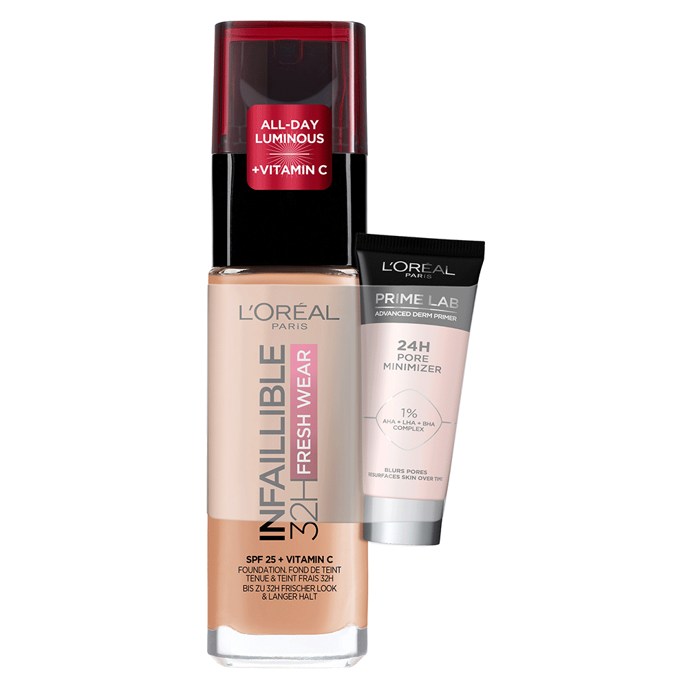 Bild: L'ORÉAL PARIS Teint-Set Infaillible 24H Fresh Wear Make-Up & Mini Prime Lab 24H Pore Minimizer Primer honey
