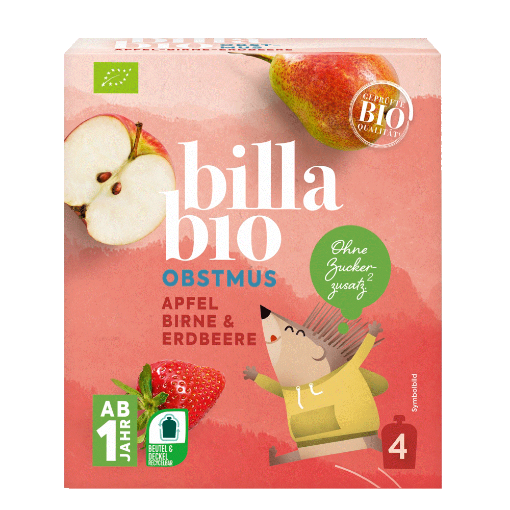 Bild: Billa Bio Quetschie Apfel Birne Erdbeere 4er Pack