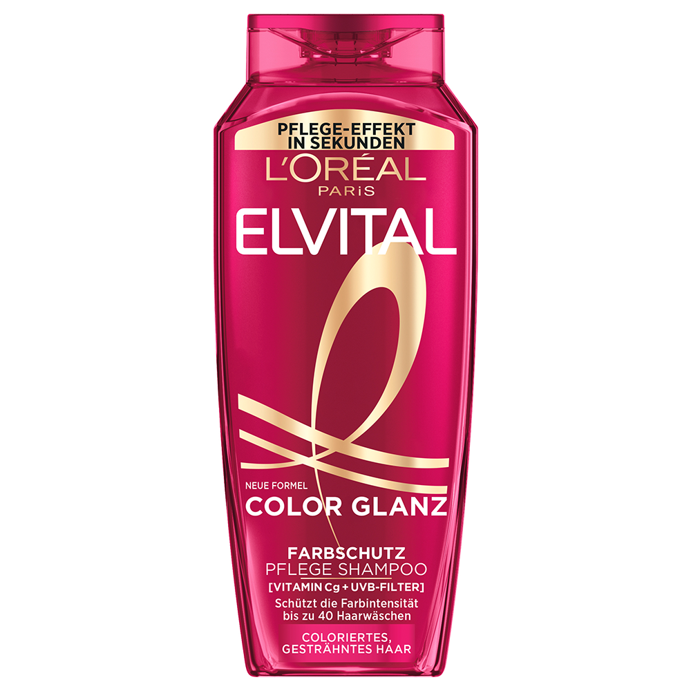 Bild: L'ORÉAL PARIS ELVITAL Color Glanz Pflege Farbschutz Shampoo & Spülung
