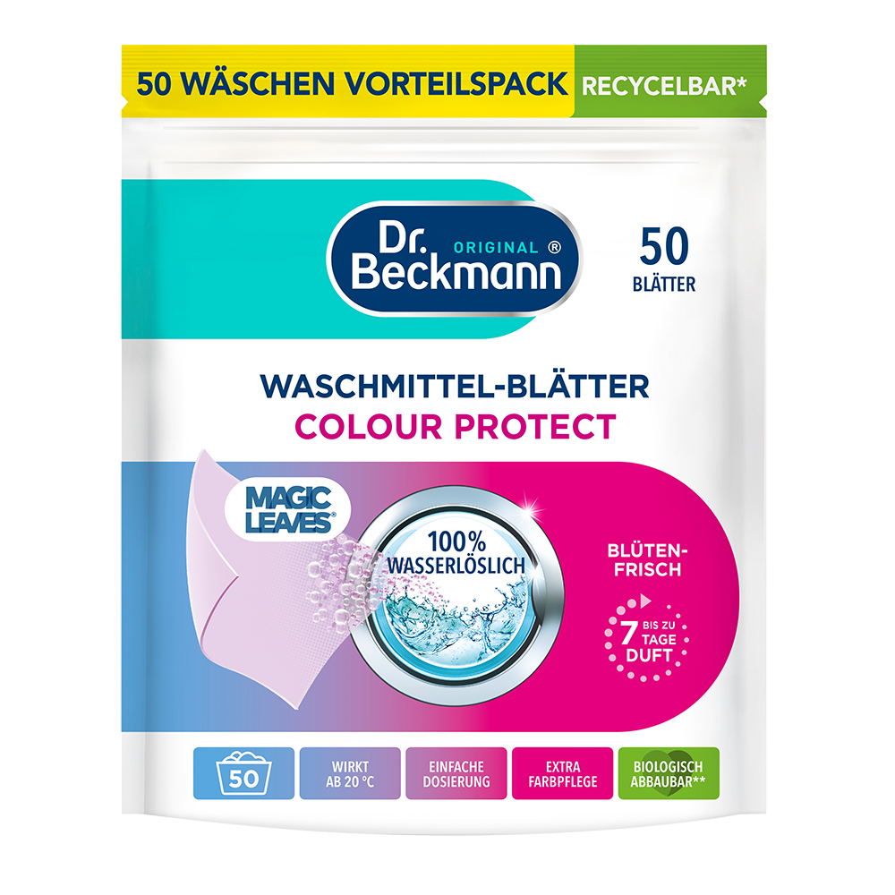 Bild: Dr. Beckmann Magic Leaves Waschmittelblätter Colour Protect Blütenfrische 