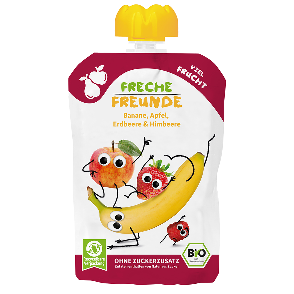 Bild: Freche Freunde Quetschie Banane, Apfel, Erdbeere und Himbeere