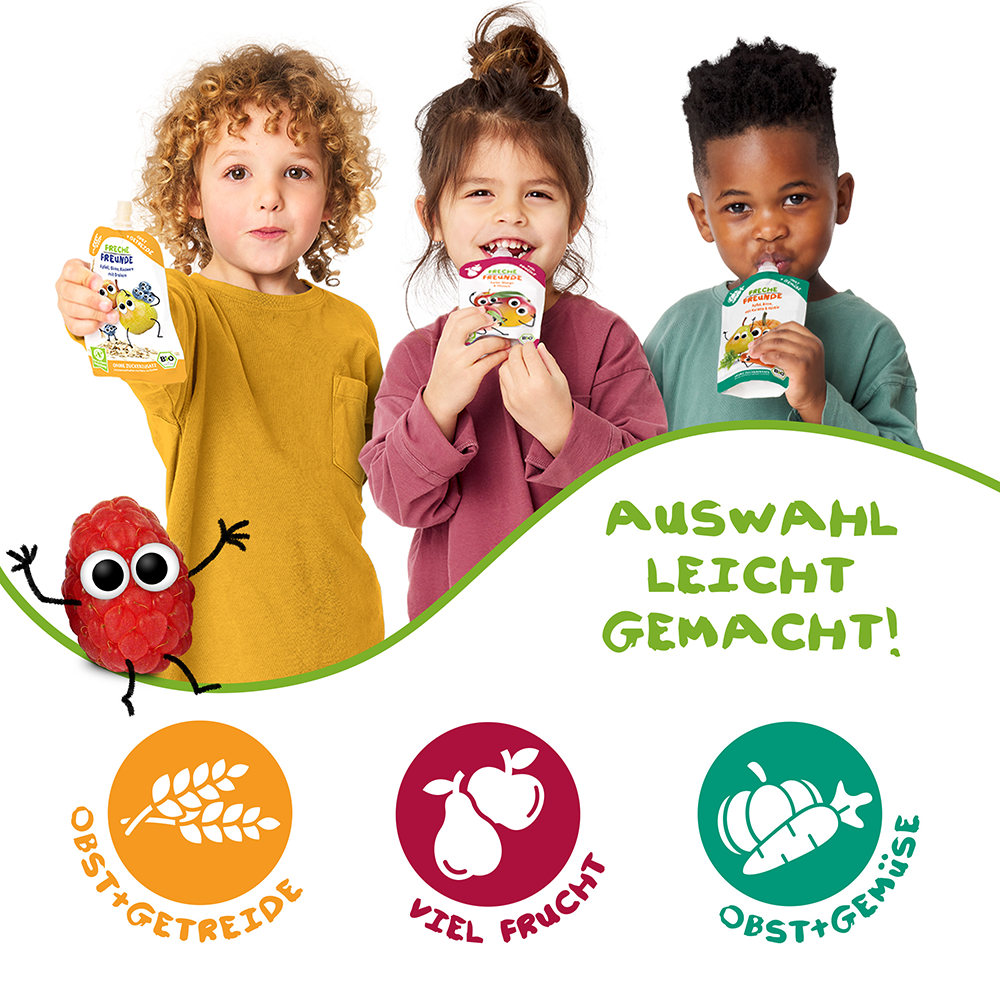 Bild: Freche Freunde Quetschie Banane, Apfel, Erdbeere und Himbeere