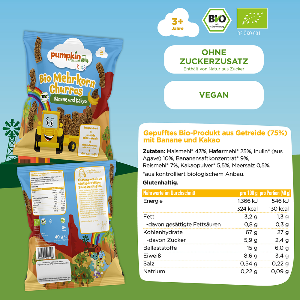 Bild: pumpkin organics Bio Mehrkorn Churros Banane und Kakao 