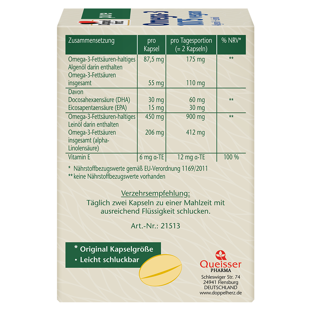 Bild: DOPPELHERZ Pure Omega 3 1075 Vegan Algenöl + Leinöl 