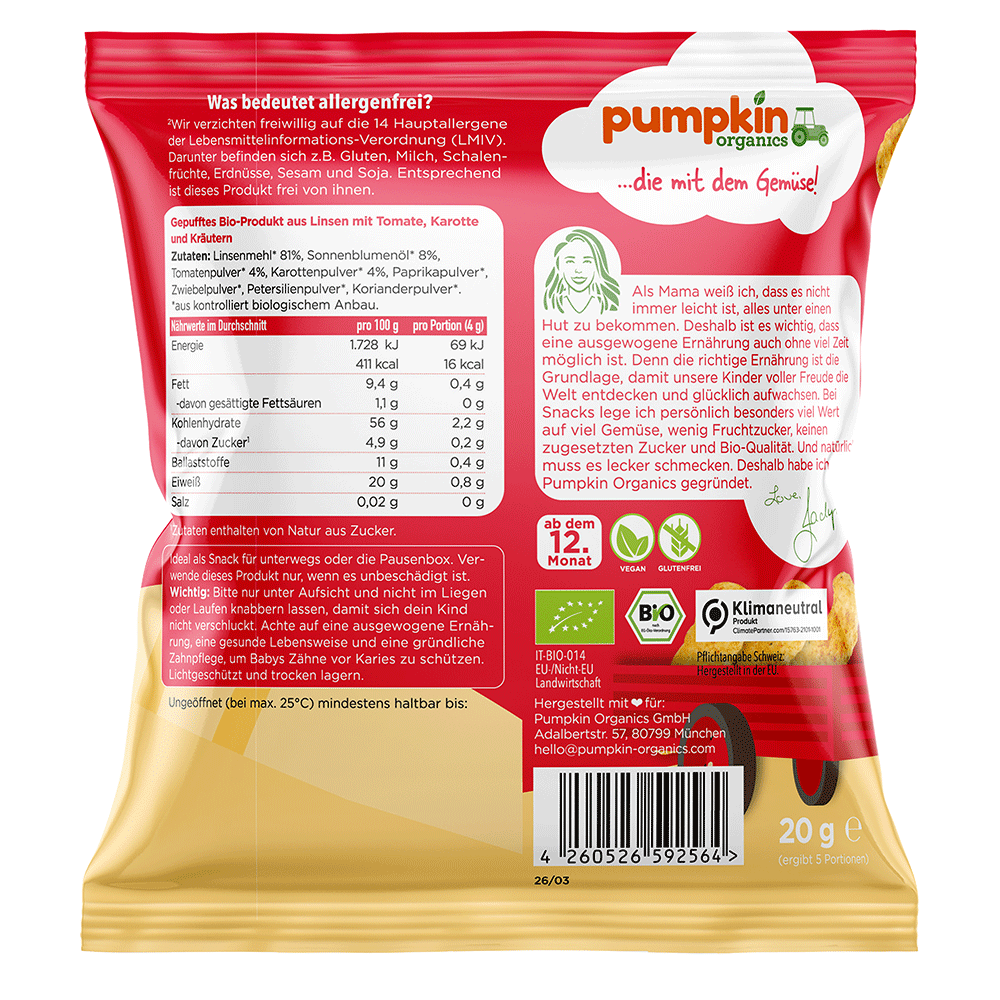 Bild: pumpkin organics Bio Linsen Puffs Tomate, Karotte und Kräuter