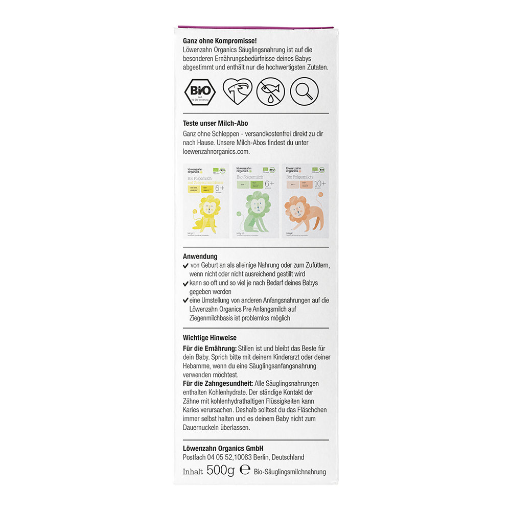 Bild: Löwenzahn organics Bio Pre Anfangsmilch auf Ziegenmilchbasis