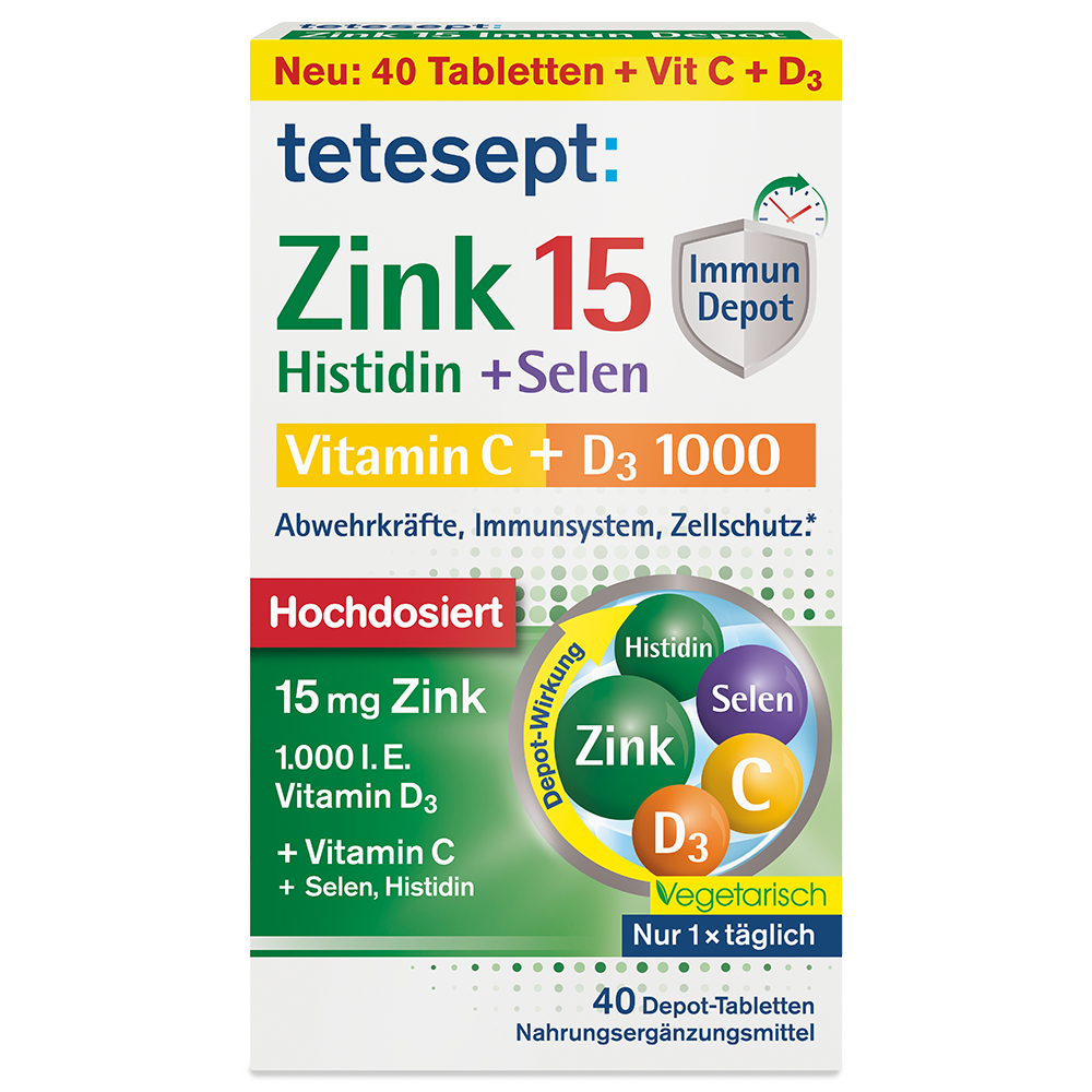 Bild: tetesept: Zink 15 Histidin + Selen Vitamin C + D3 1000 