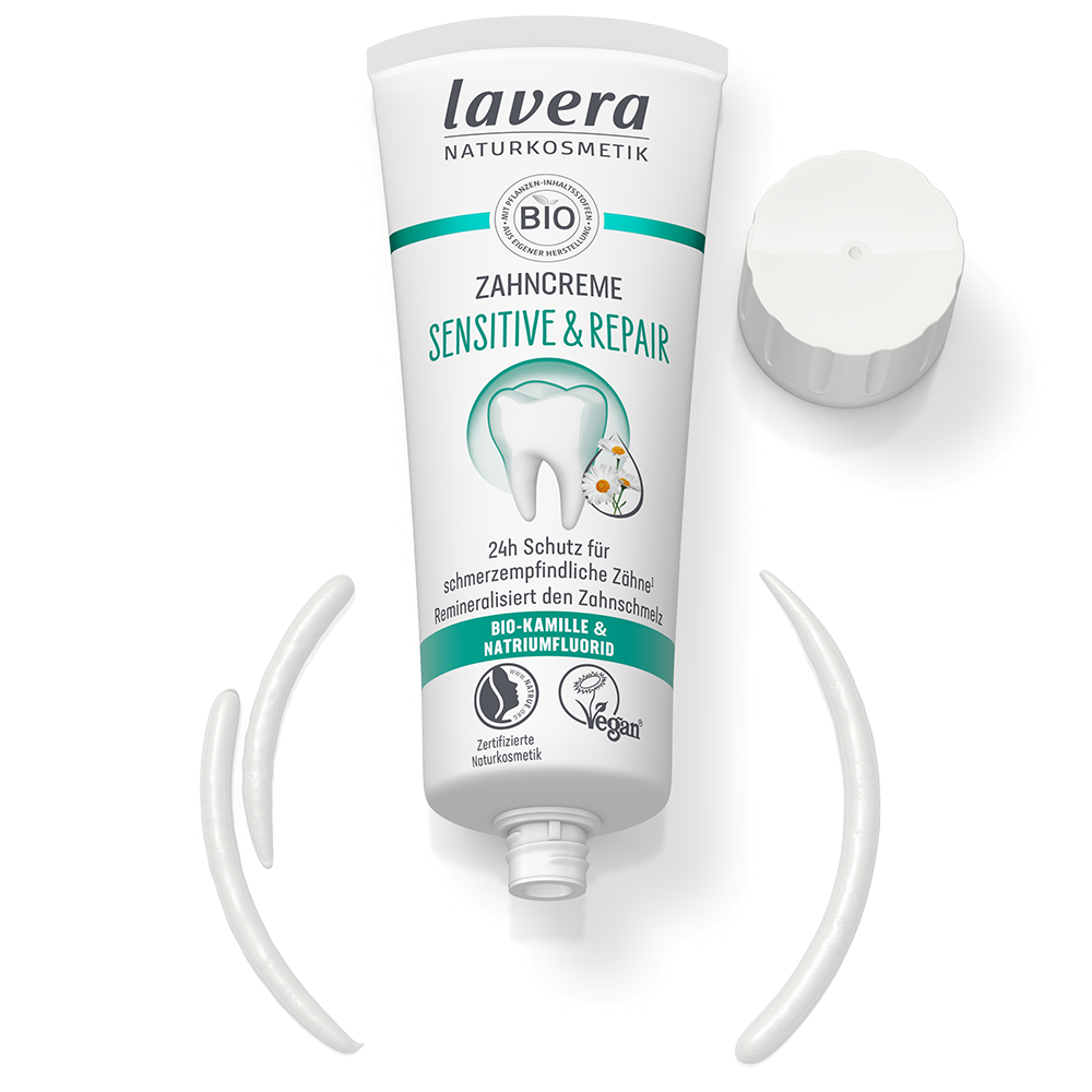 Bild: lavera Zahncreme Sensitive und Repair Bio-Kamille und Natriumfluorid 