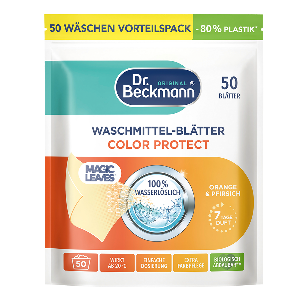 Bild: Dr. Beckmann Magic Leaves Waschmittel Blätter Color Protect Orange und Pfirsich 