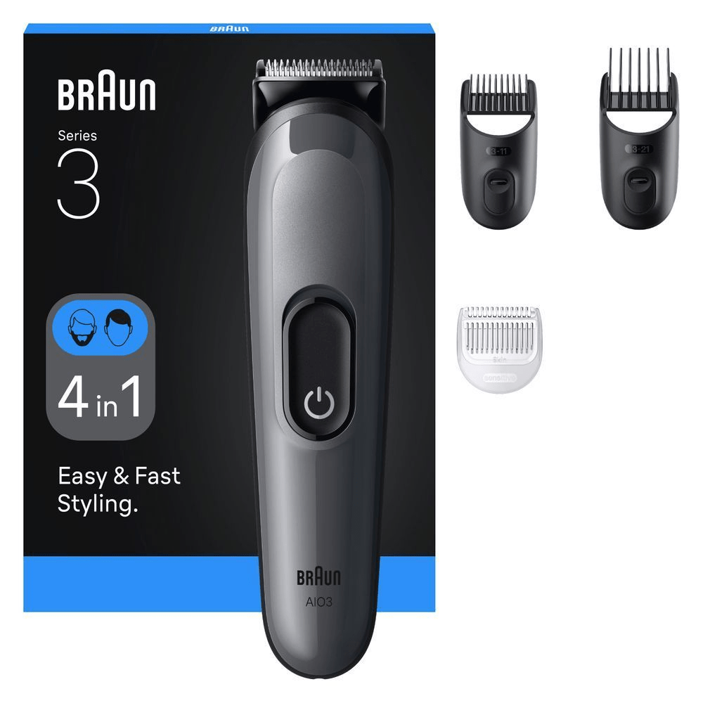Bild: Braun All-in-One Series 3, 4-in-1 Groomingset, ultrascharfe Klinge, 14 Längen, AIO3500, Grau